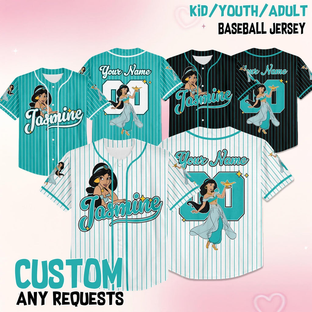 Custom Disney Princess Jasmine Baseball Jersey, Disney Baseball Jersey for Kids, Youth & Adults, Matching Disney Game Day Outfit