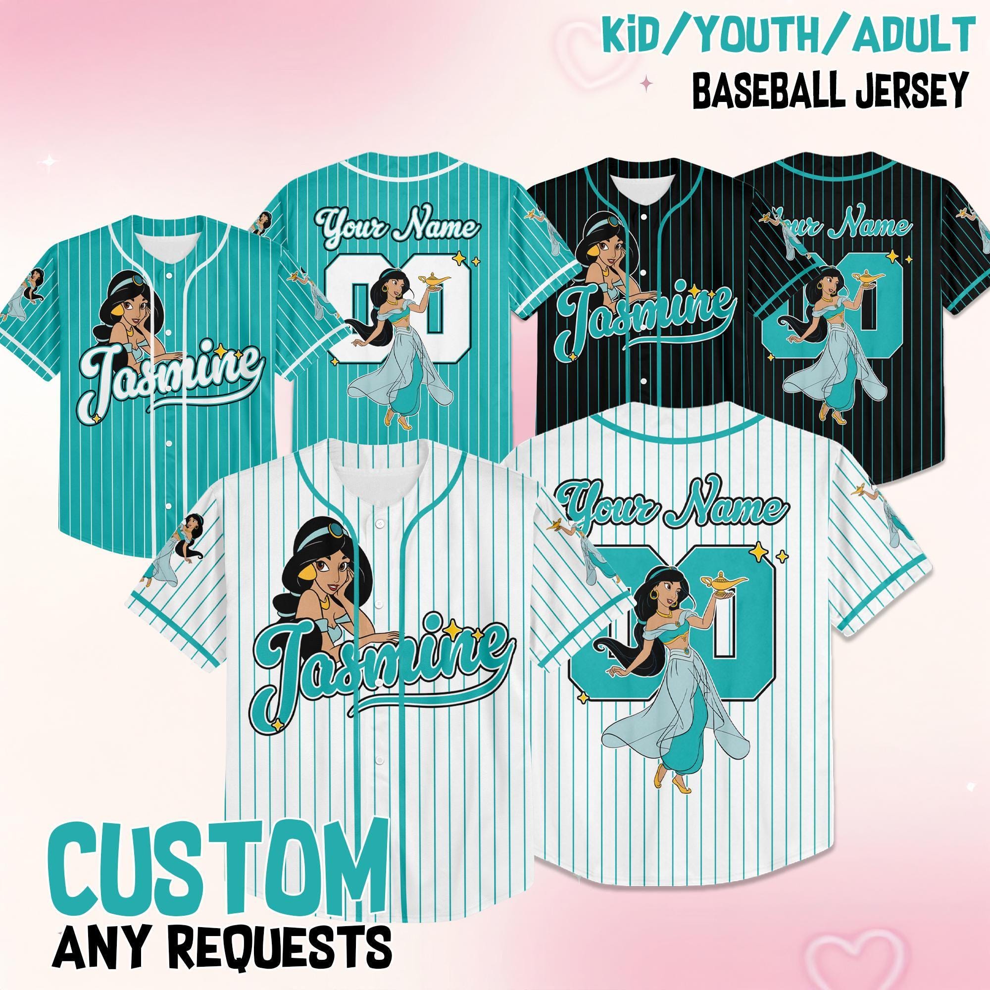 Custom Disney Princess Jasmine Baseball Jersey, Disney Baseball Jersey for Kids, Youth & Adults, Matching Disney Game Day Outfit