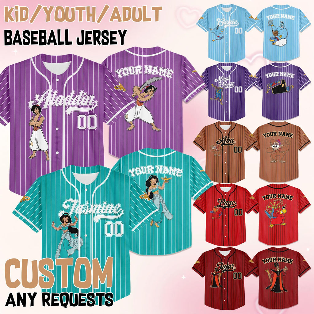 Custom Disney Aladdin Characters Jersey, Aladdin Jasmine Genie Abu Jersey, Aladdin Costume, Jafar Villain Jersey, Disney Family Jersey