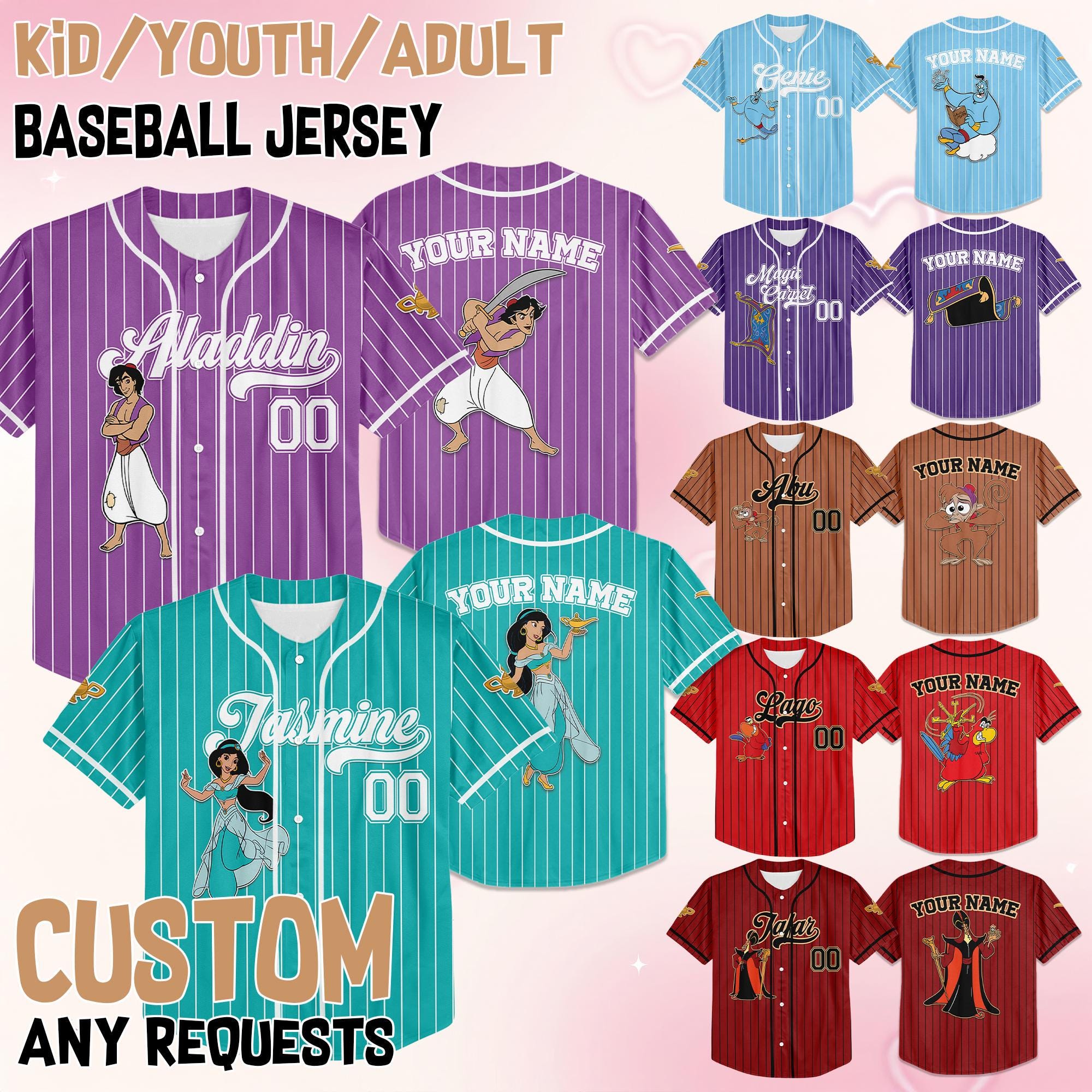 Custom Disney Aladdin Characters Jersey, Aladdin Jasmine Genie Abu Jersey, Aladdin Costume, Jafar Villain Jersey, Disney Family Jersey