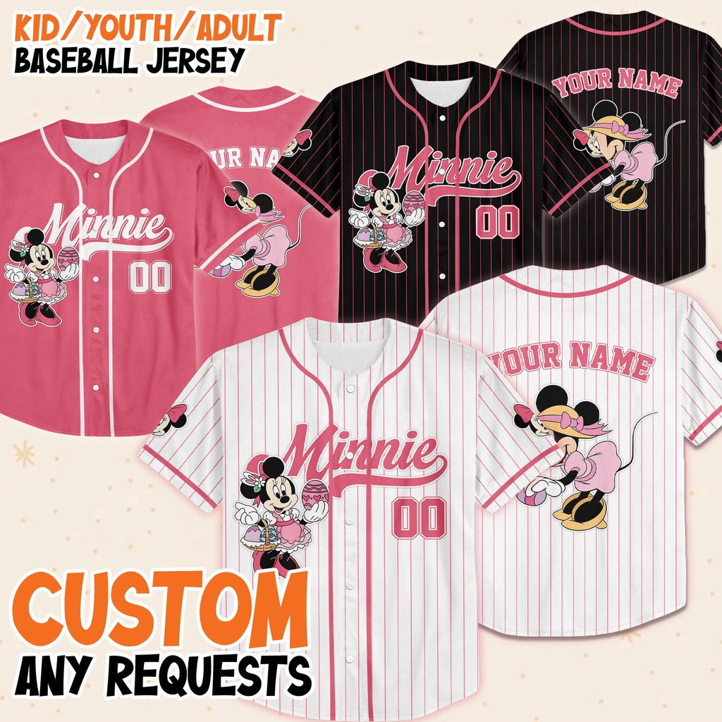 Custom Disney Minnie Easter Baseball Jerseys, Disney Characters Jersey, Disney Easter Shirt, Happy Easter, Minnie Bunny, Gift For Kids