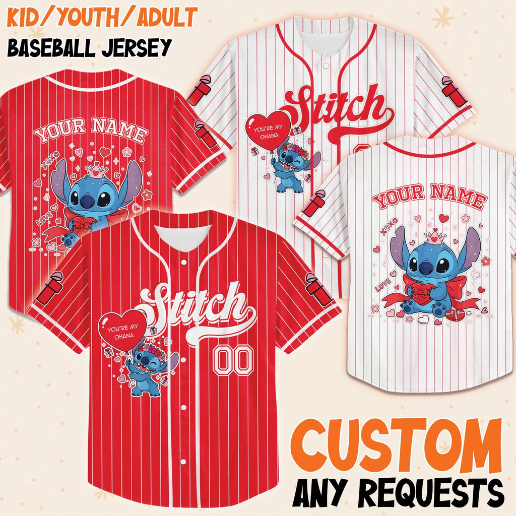 Custom Disney Stitch Valentine Collection Baseball Jersey, Disney Stitch Lover Valentine, Disneyland Baseball Team Matching Outfit