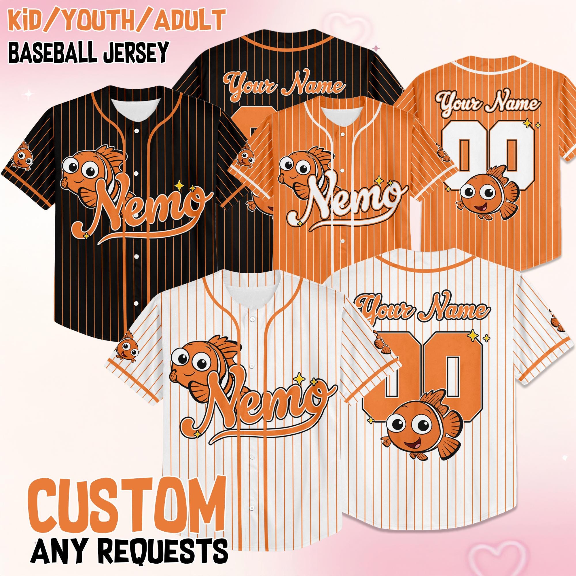 Custom Disney Finding Nemo Collection Baseball Jersey, Disney Nemo Fish Jersey, Disneyland Baseball Team Matching Outfit, Birthday Gift