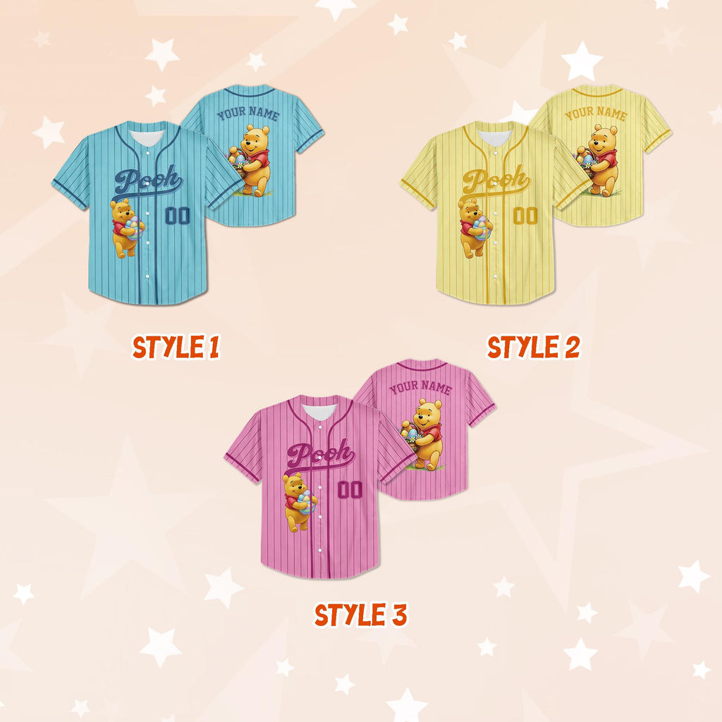 Custom Winnie The Pooh Easter Baseball Jersey, Disney Winnie The Pooh Easter Egg Jersey, Pooh Kid Youth Adult Baseball Jersey.