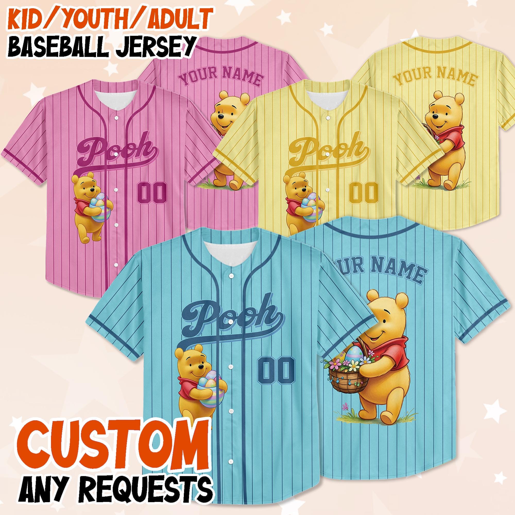 Custom Winnie The Pooh Easter Baseball Jersey, Disney Winnie The Pooh Easter Egg Jersey, Pooh Kid Youth Adult Baseball Jersey.