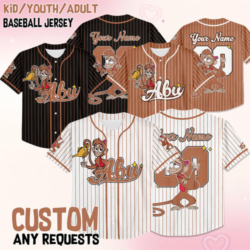 Custom Aladdin Abu Baseball Jersey, Disney Abu Kids Birthday Jersey, Disney Aladdin Moivie Characters Jersey, Disney Family Trip Shirt