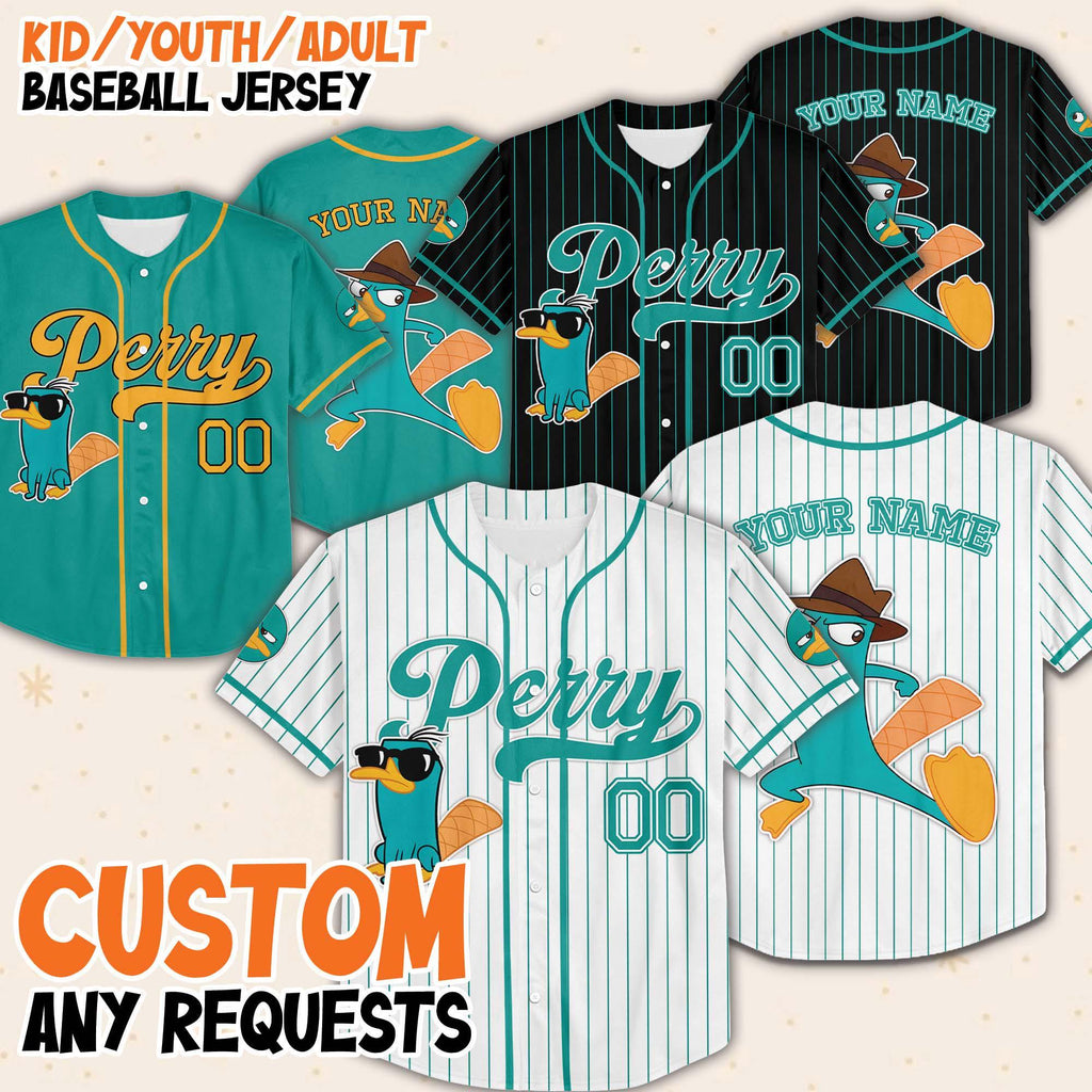 Custom Disney Phineas And Ferb Perry The Platypus Baseball Jersey, Perry Birthday Jersey, Phineas And Ferb Baseball Jersey, Perry Jersey