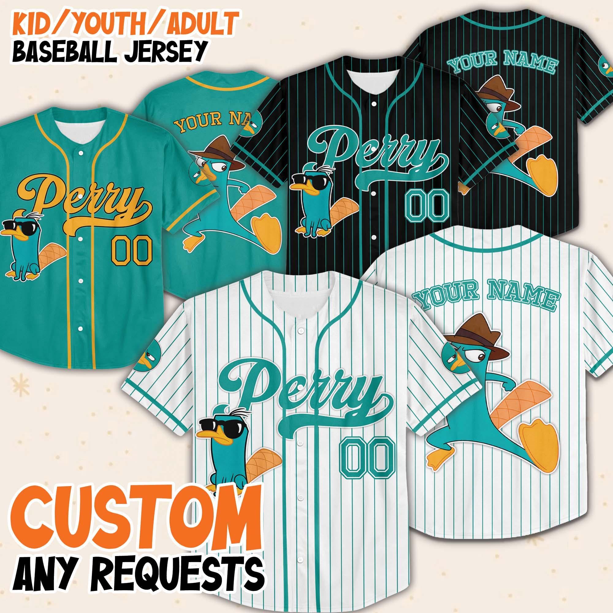 Custom Disney Phineas And Ferb Perry The Platypus Baseball Jersey, Perry Birthday Jersey, Phineas And Ferb Baseball Jersey, Perry Jersey