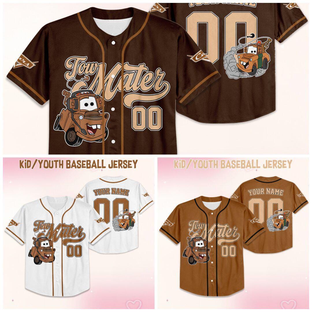 Personalized Disney Tow Mater Collection Cars Baseball Jersey, Custom Disney Cars Tow Mater Jersey Shirt, Disney Cars Birthday Gift