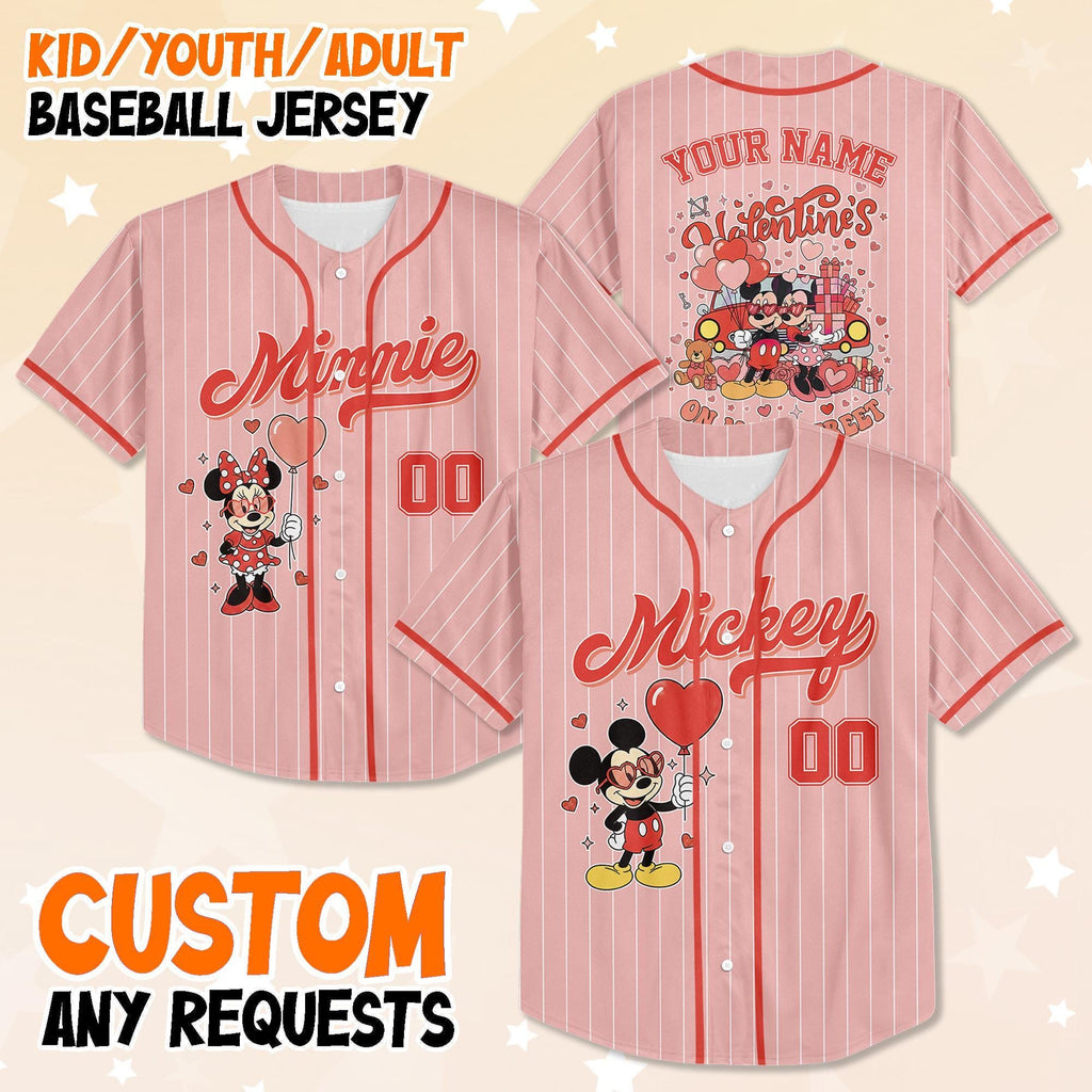 Custom Mickey and Minnie Valentine‘s Day Baseball Jersey, Custom Disney Valentine‘s Day Jersey Jersey, Couple Gift