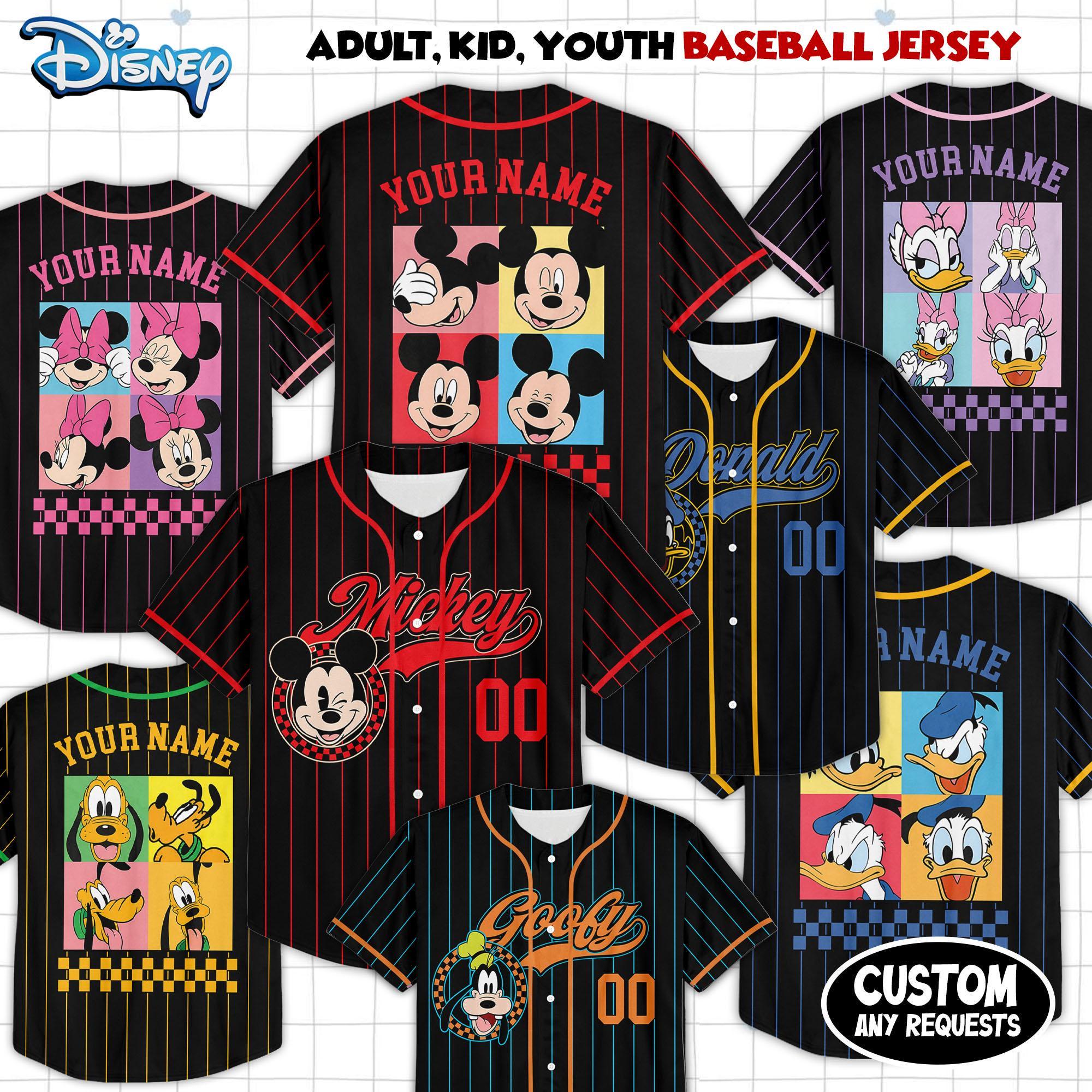 Personalized Mickey Minnie Checkered Retro Baseball Jersey, Custom Disneyland Family Matching Jersey for Kid Youth Adult