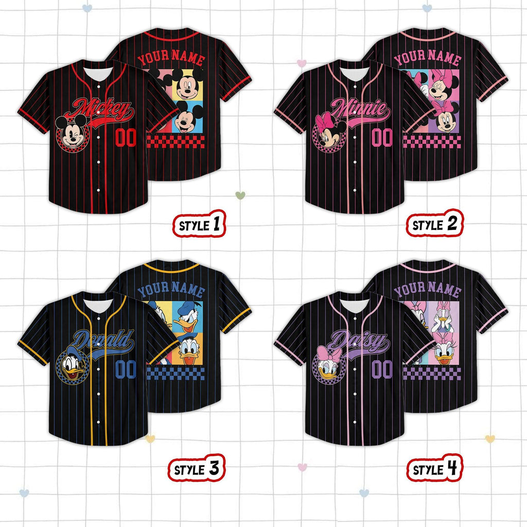 Personalized Mickey Minnie Checkered Retro Baseball Jersey, Custom Disneyland Family Matching Jersey for Kid Youth Adult