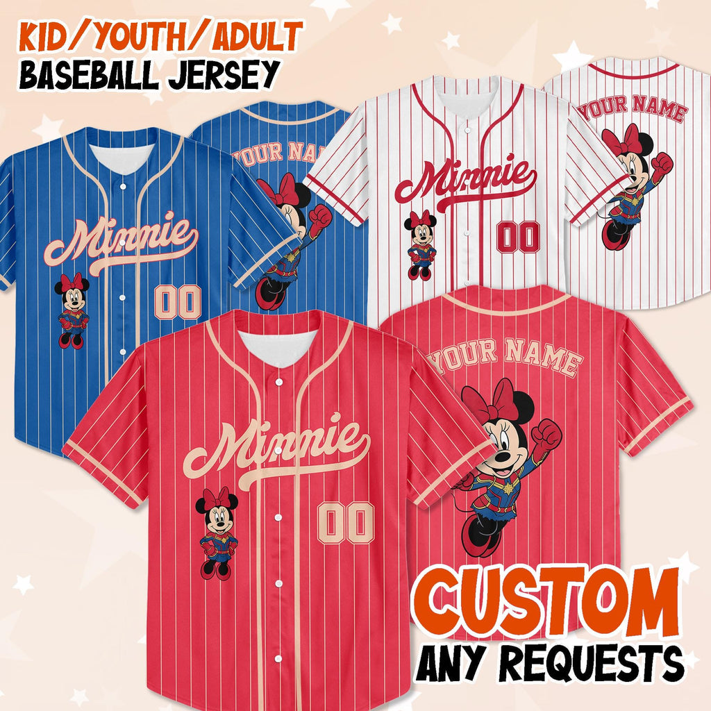 Custom Minnie Captain America Cosplay Baseball Jersey, Captain America Costume Shirt, Mickey Birthday Boy Gift, Minnie Superhero Inspired