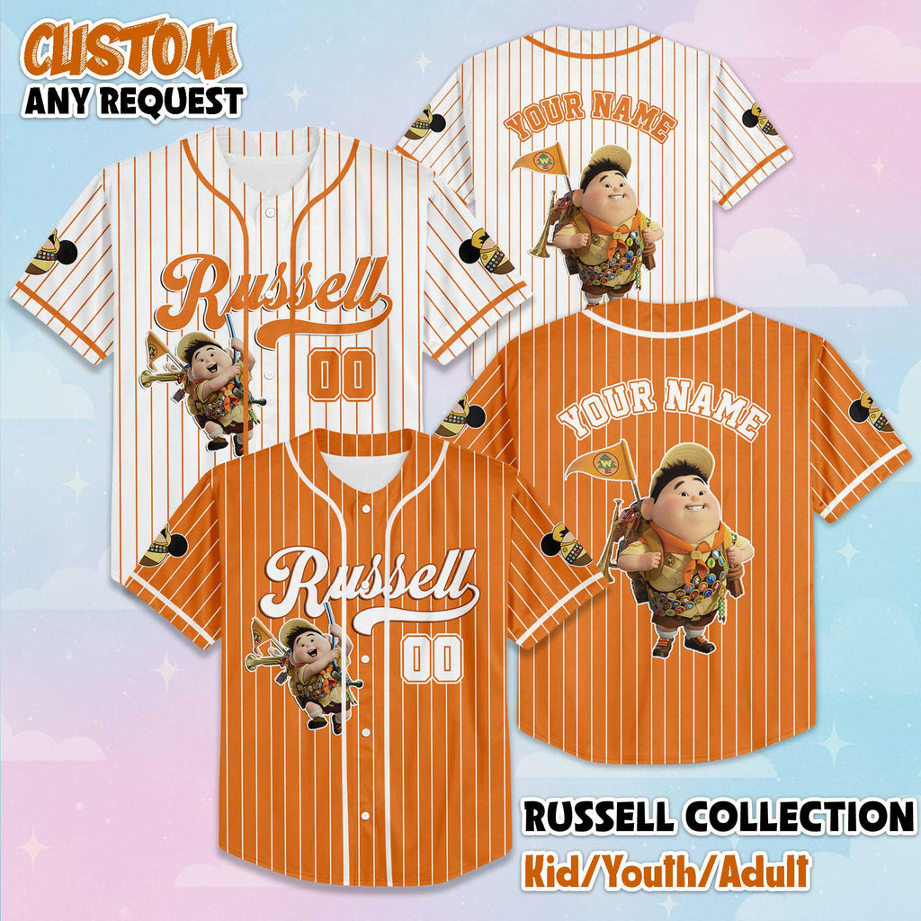 Personalized Russell Baseball Jersey, Custom Disney Pixar Jersey Shirt, Matching Disney Trip Outfit, Disney Birthday Gift