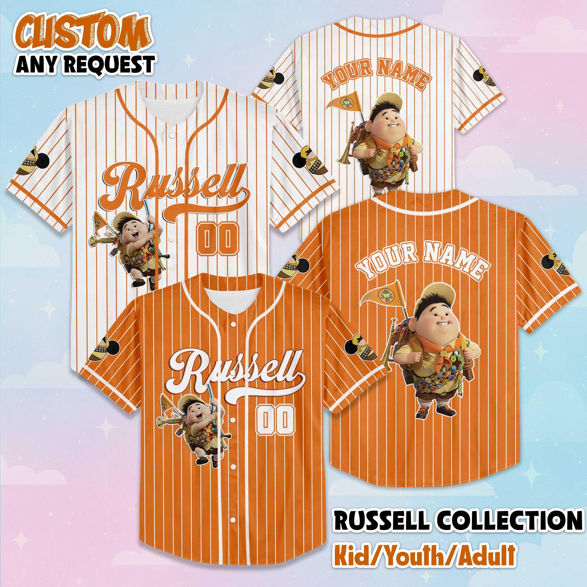 Personalized Russell Baseball Jersey, Custom Disney Pixar Jersey Shirt, Matching Disney Trip Outfit, Disney Birthday Gift
