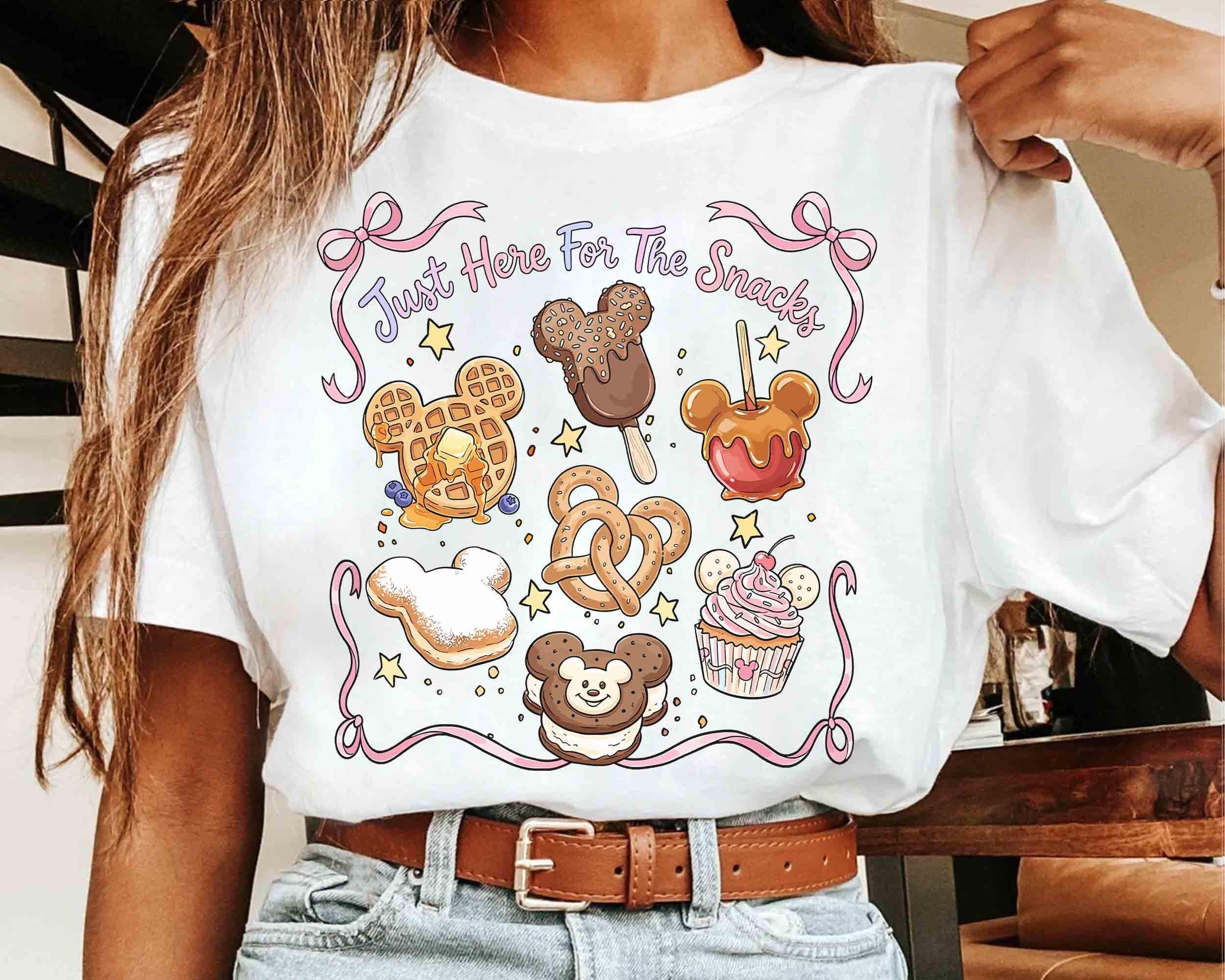 Cute Mickey Mouse Treats Coquette Bow Shirt, Just Here For The Snacks Quote Tee, Disney Food Lover Gift, Disneyland Family Trip 2026 Outfits