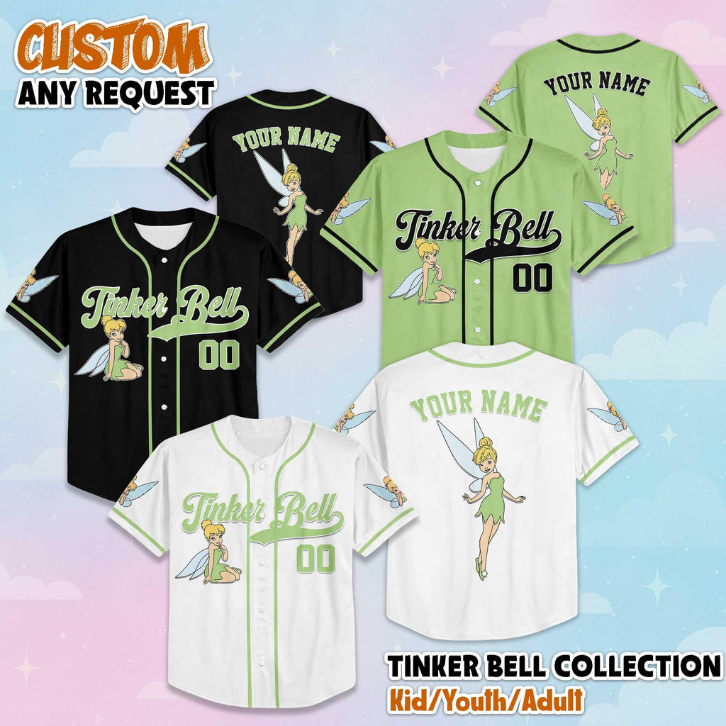 Personalized Tinker Bell Baseball Jersey, Custom Disney Tinker Bell Baseball Shirt, Matching Disney Trip Outfit, Peter Pan Birthday Gift