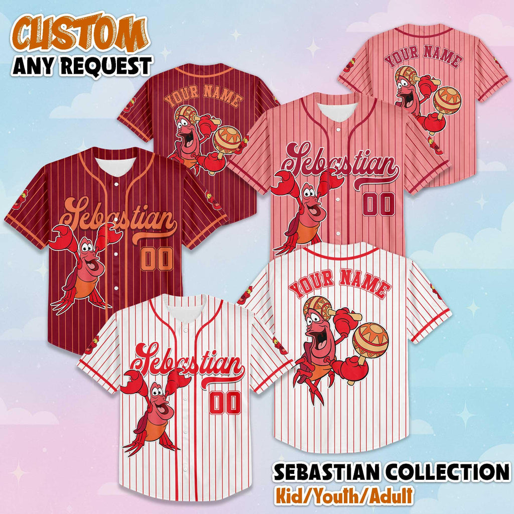 Personalized Sebastian Jersey, Custom Little Mermaid Baseball Shirt, Matching Disney Trip Outfit, Disneyland Birthday Gift