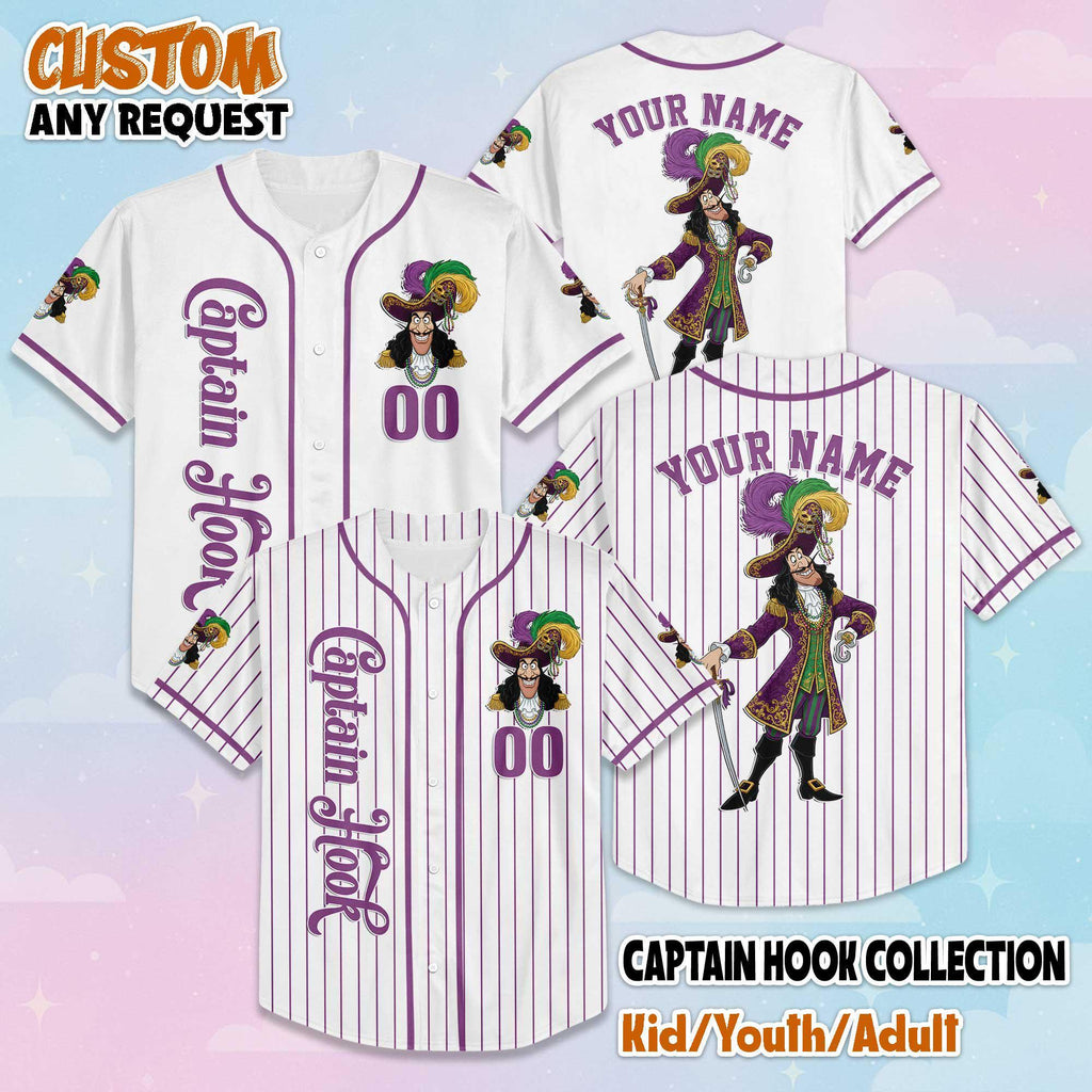 Custom Captain Hook Mardi Gras Baseball Jersey, Peter Pan Villain Jersey, Personalized Name Number Outfit for Kids Youth Adult