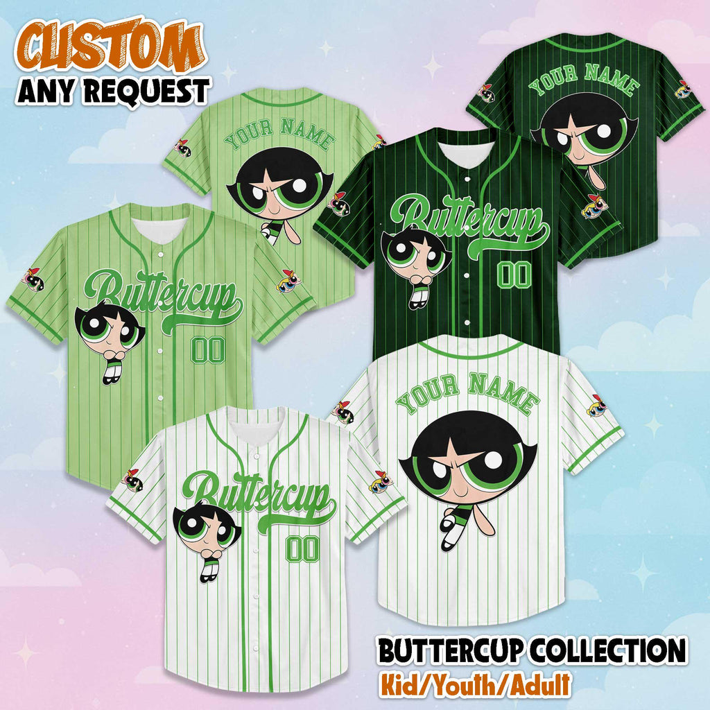 Personalized Buttercup Collection Baseball Jersey, The Powerpuff Girls Cartoon Outfit, Custom Kids, Youth, Adult, Cartoon Team Outfit