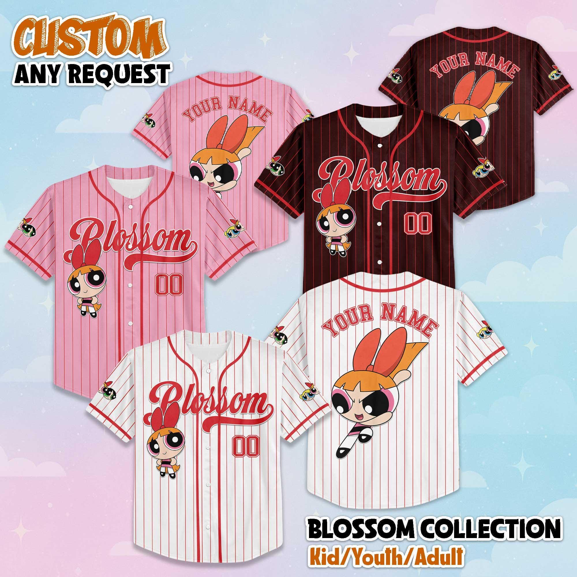 Personalized Blossom Baseball Jersey, Custom The Powerpuff Girls Jersey Shirt, Funny Cartoon Vintage 90s Shirt, Gift For Fans