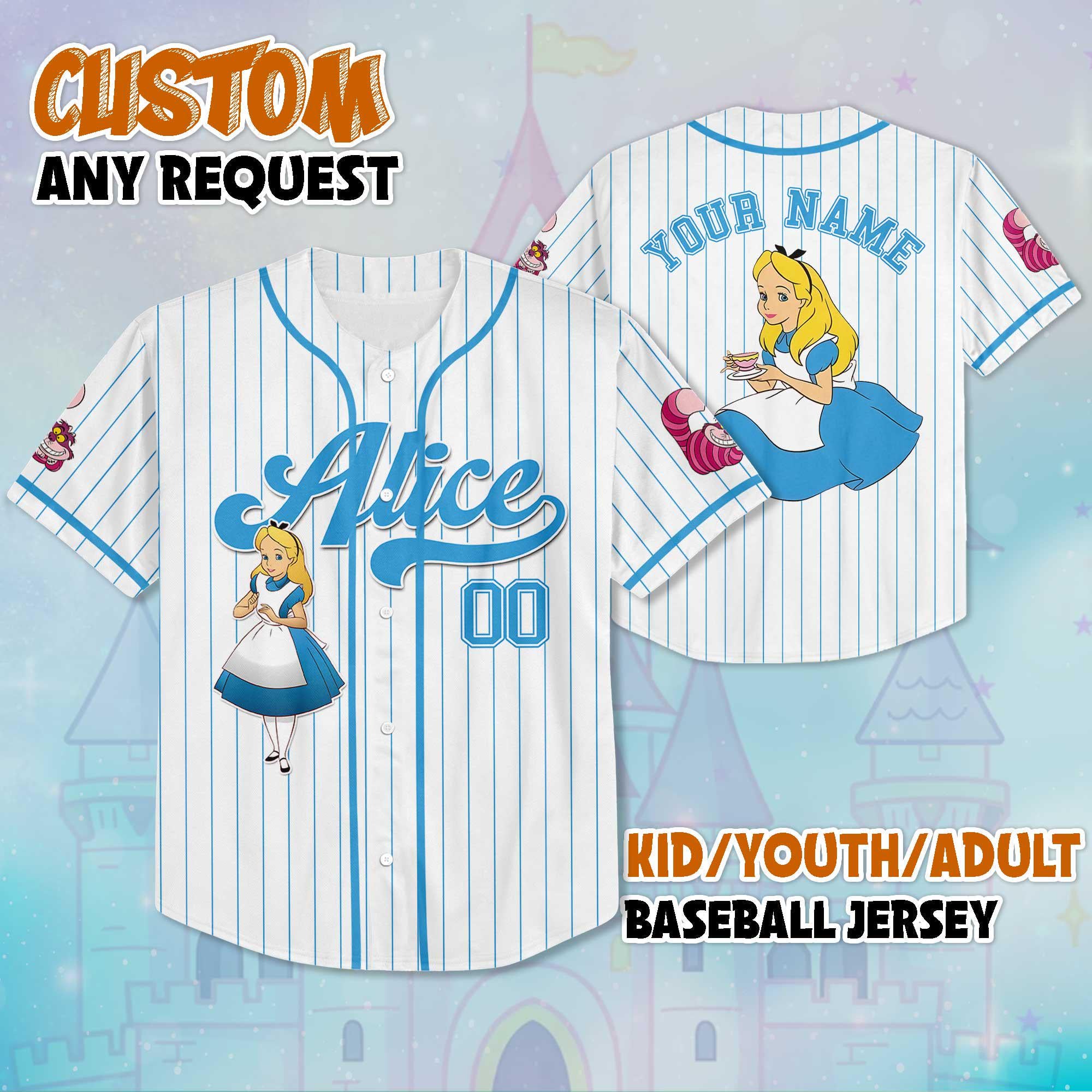 Custom Disney Princess Alice in Wonderland Baseball Jersey, Disney Alice in Wonderland Jersey for Disney Fans, Disney Birthday Gift