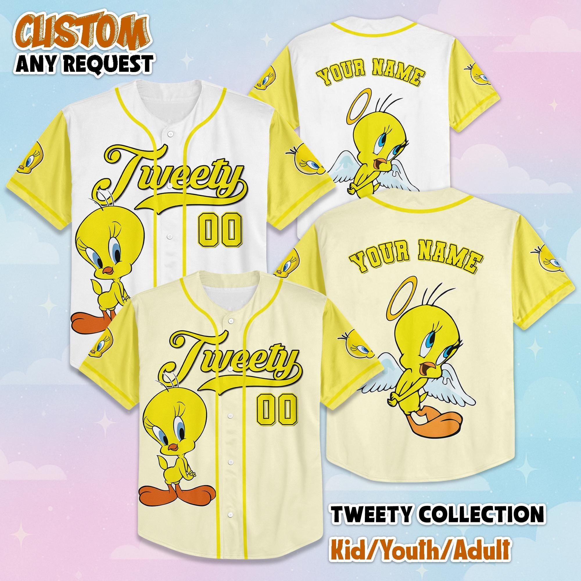 Personalized Tweety Baseball Jersey, Custom Looney Tunes Jersey, Family Matching Outfit, Birthday Gift