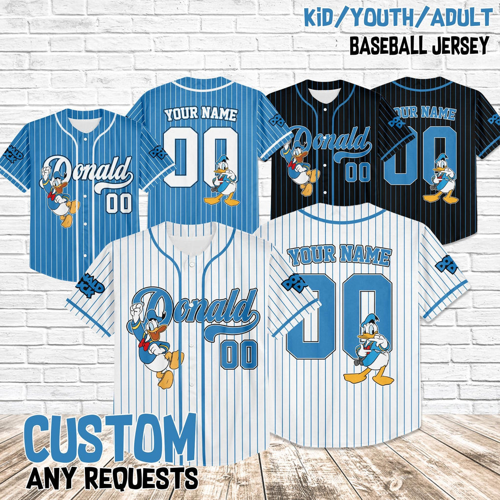 Personalized Disney Donald Duck Jersey, Baseball Jersey Collection Choose Style Jersey Disneyland Birthday Gift For Kid Youth Adult