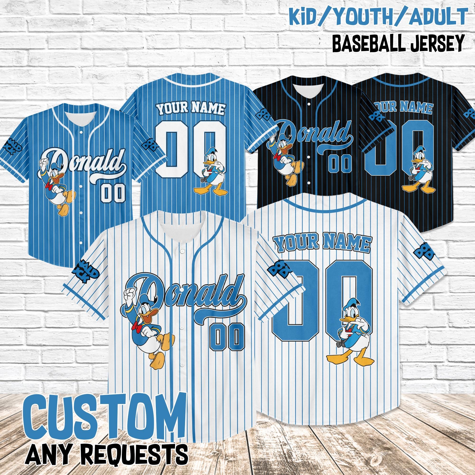 Personalized Disney Donald Duck Jersey, Baseball Jersey Collection Choose Style Jersey Disneyland Birthday Gift For Kid Youth Adult