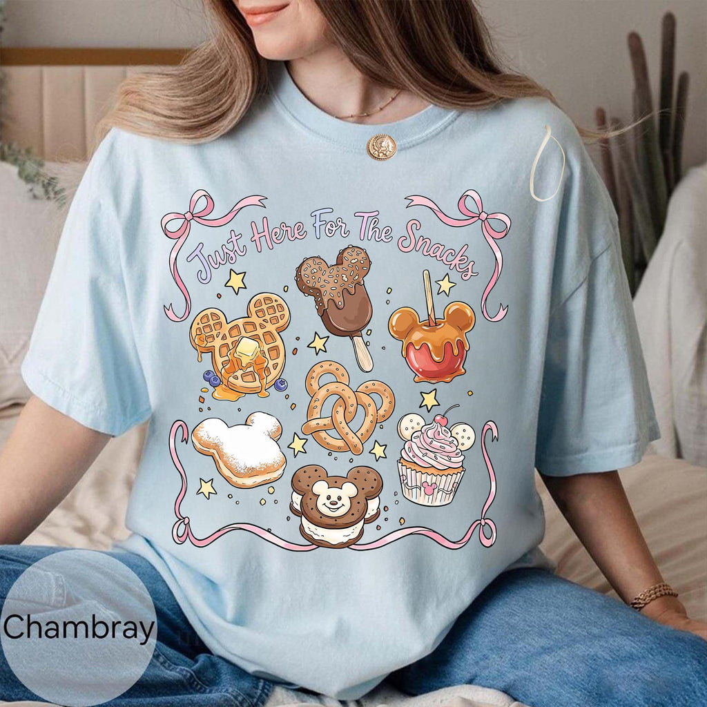 Cute Mickey Mouse Treats Coquette Bow Shirt, Just Here For The Snacks Quote Tee, Disney Food Lover Gift, Disneyland Family Trip 2026 Outfits