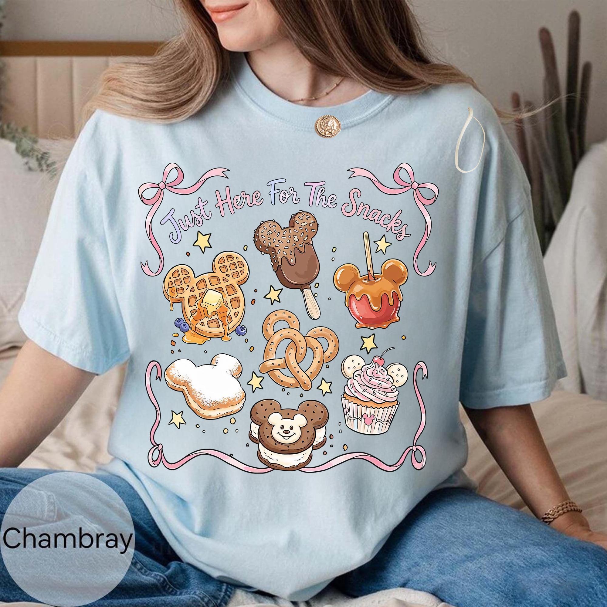 Cute Mickey Mouse Treats Coquette Bow Shirt, Just Here For The Snacks Quote Tee, Disney Food Lover Gift, Disneyland Family Trip 2026 Outfits
