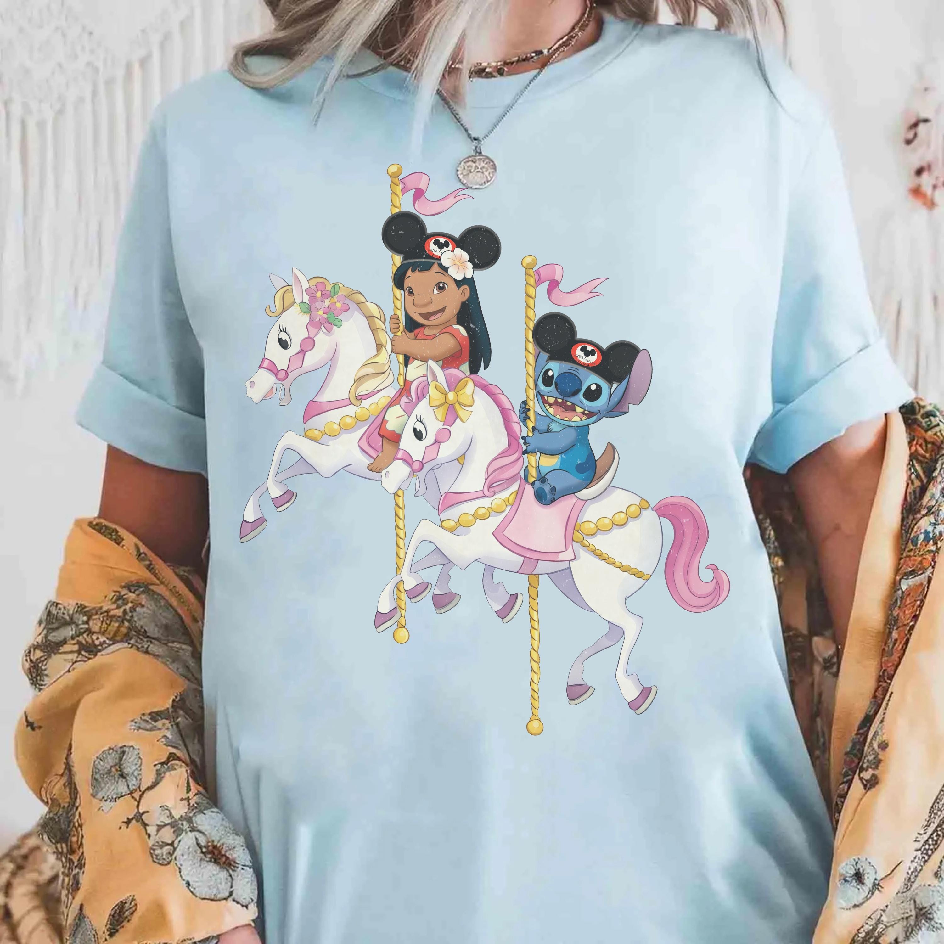 Vintage Stitch And Lilo Carousel Comfort Colors Shirt, Watercolor Unicorn Tee, Magical Carousel Graphic Tee, Funny Disney Matching Trip Tee