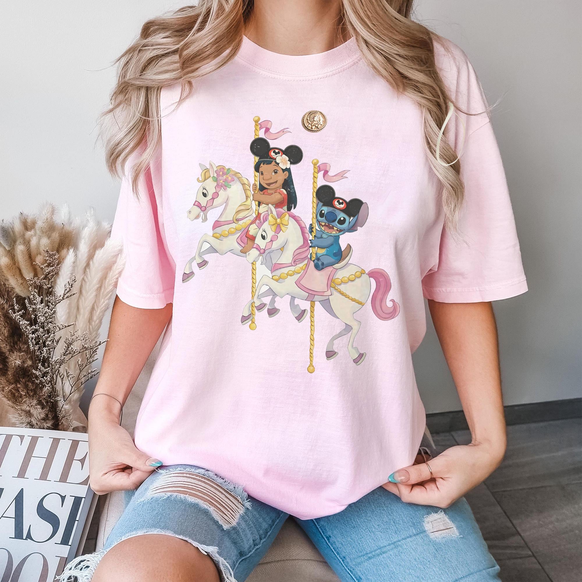 Vintage Stitch And Lilo Carousel Comfort Colors Shirt, Watercolor Unicorn Tee, Magical Carousel Graphic Tee, Funny Disney Matching Trip Tee