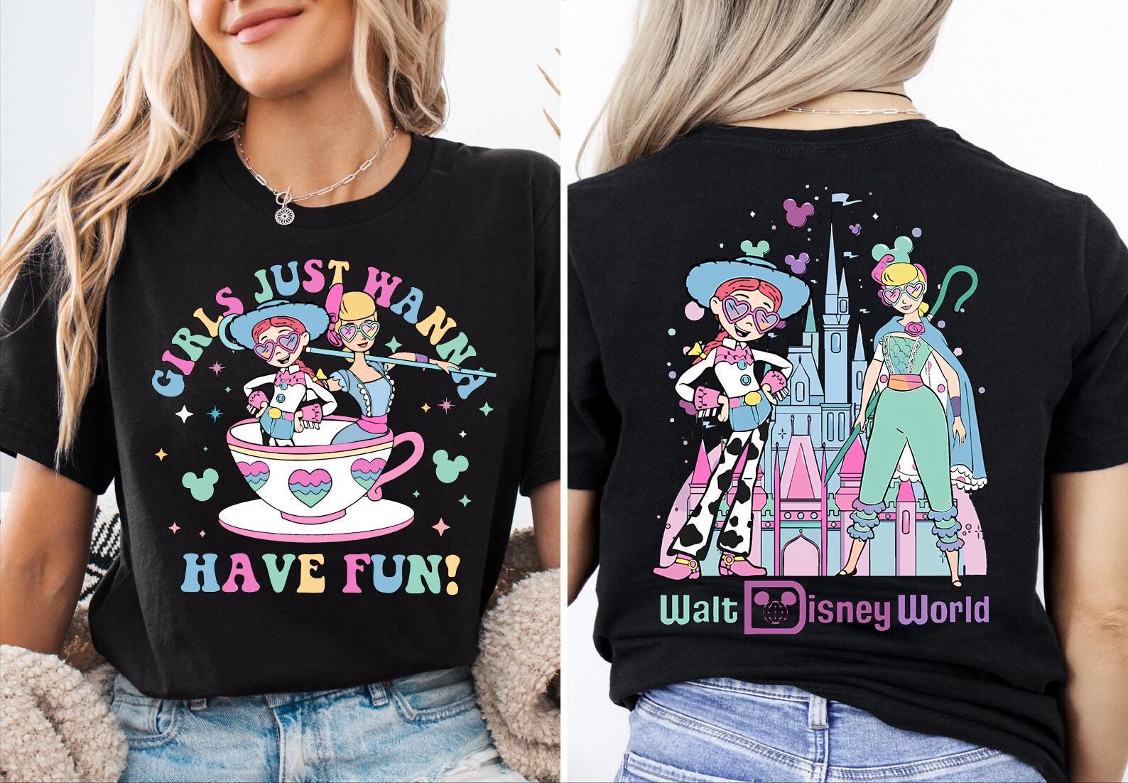 Girls Just Wanna Have Fun Disney Shirt, Bo Peep and Jessie Toy Story Tee, Walt Disney World Family Trip Apparel, Retro Teacup Graphic Top
