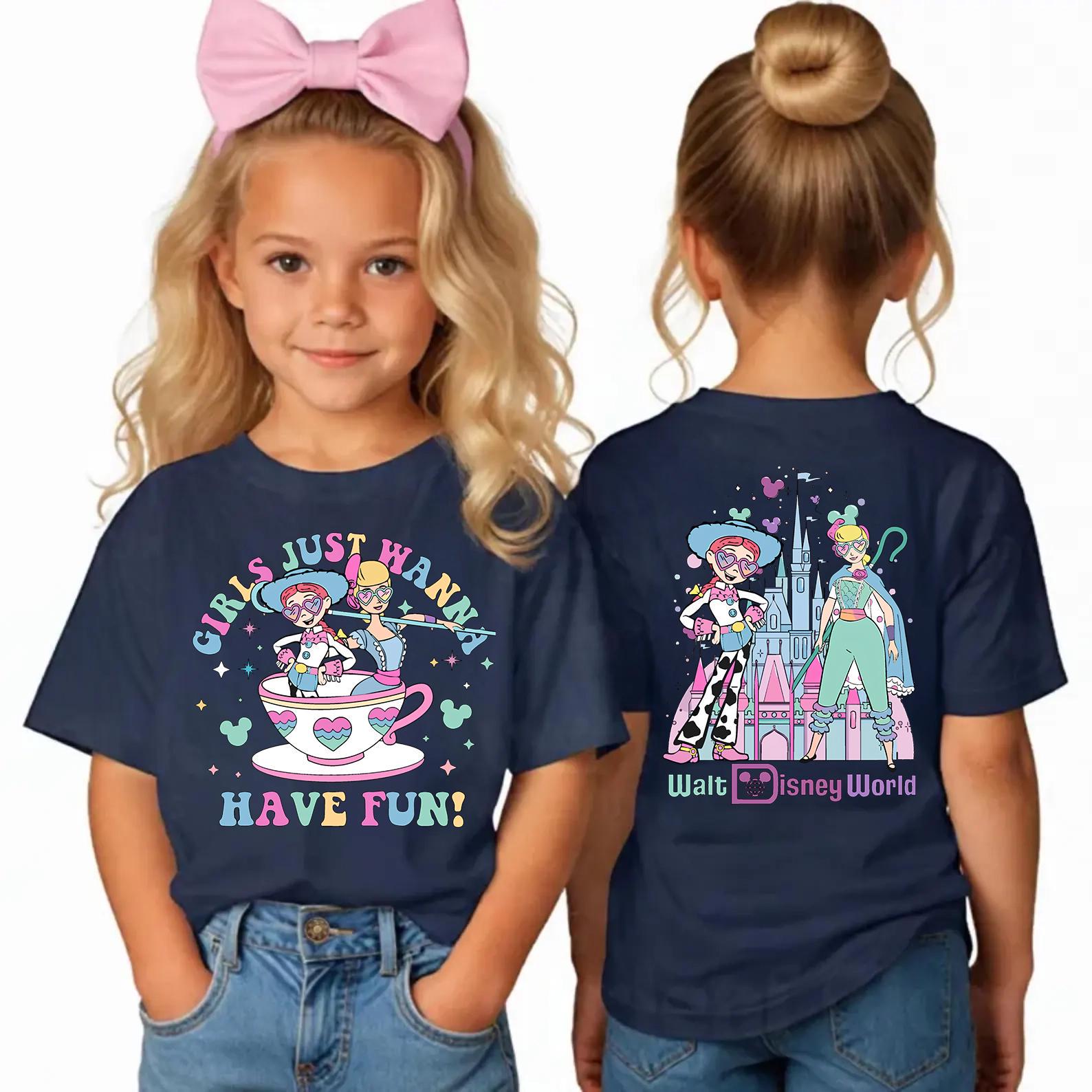 Girls Just Wanna Have Fun Disney Shirt, Bo Peep and Jessie Toy Story Tee, Walt Disney World Family Trip Apparel, Retro Teacup Graphic Top