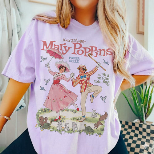 Comfort Colors Watercolor Walt Disney Mary Poppins and Bert Paper Doll With a Magic Tote Bag Shirt, Practically Perfect In Every Way Quotes