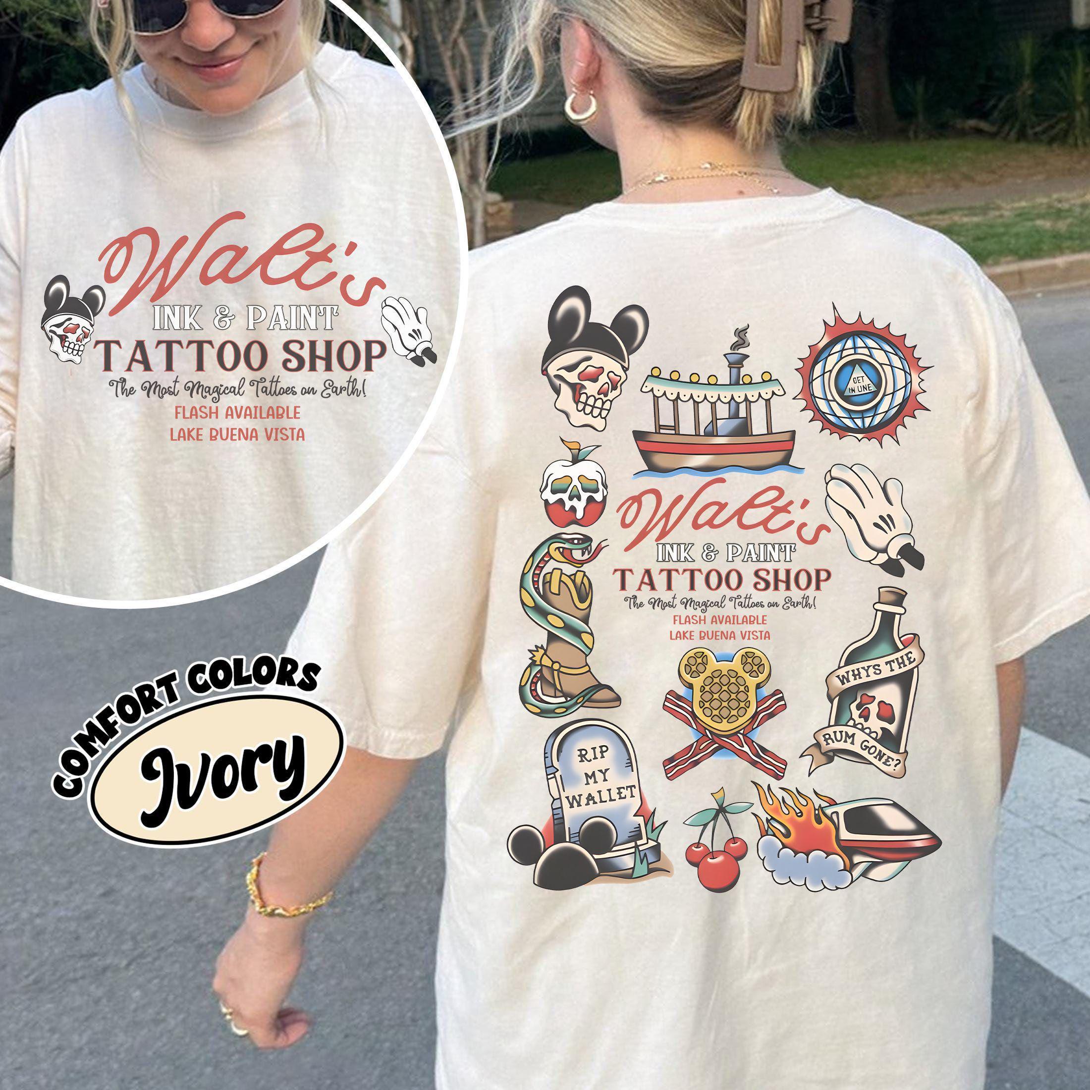 Retro Walt's Ink & Paint Tattoo Shop Comfort Colors Shirt, Disney Flash Tattoo Tee, Disneyworld Trip Shirt, Retro Magic Kingdom Tattoo Shirt