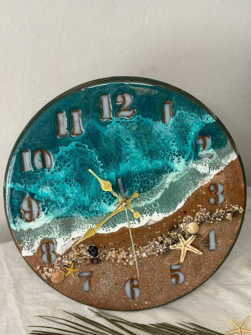 3D Ocean Wave Epoxy Resin Wall Clock - Beach Decor with Real Sand & Seashells - Silent Coastal Wall Art, Unique Housewarming Gift