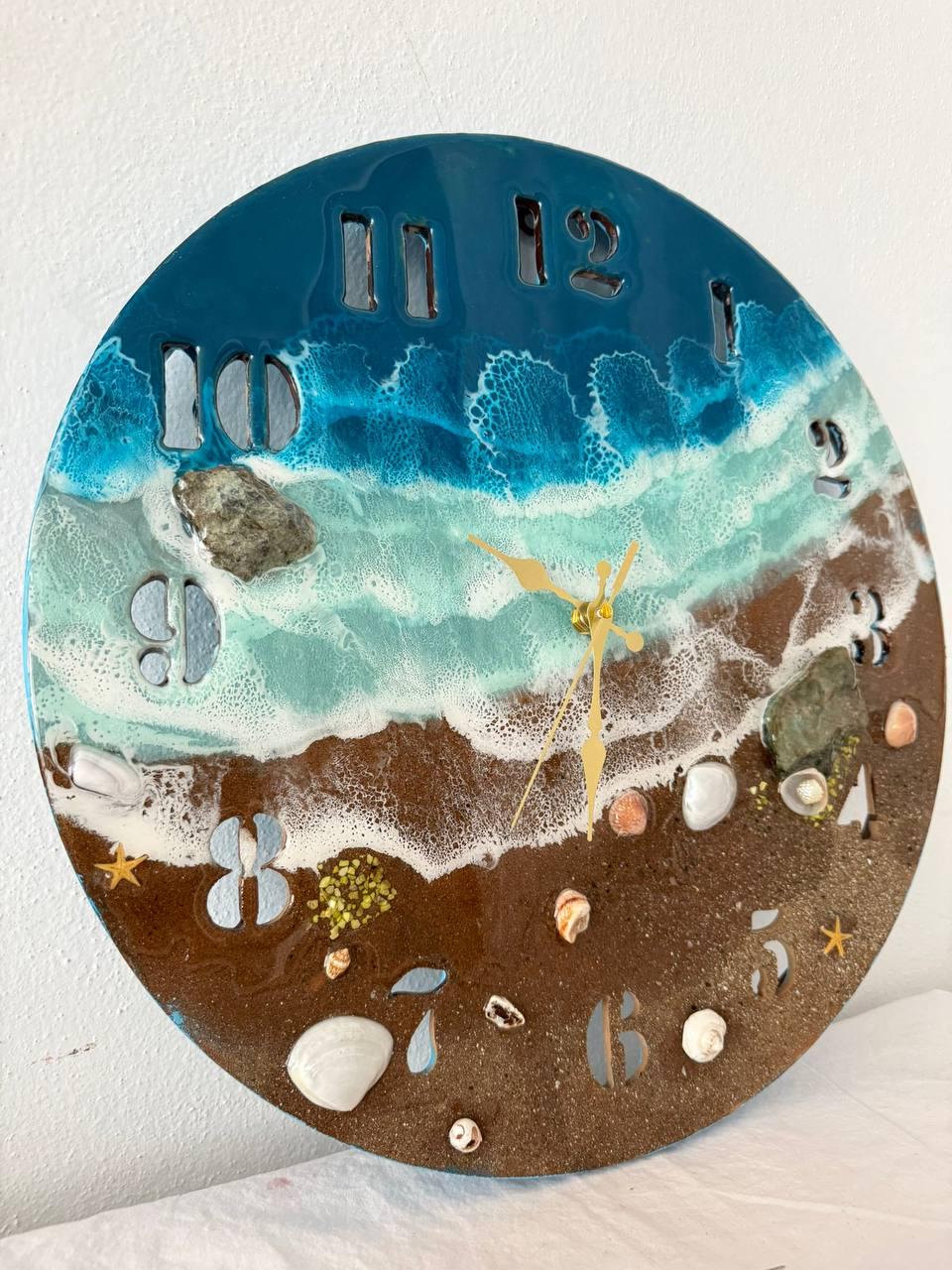 3D Ocean Wave Epoxy Resin Wall Clock - Large Coastal Beach Wall Art with Real Shells & Rocks - Silent Large Statement Clock
