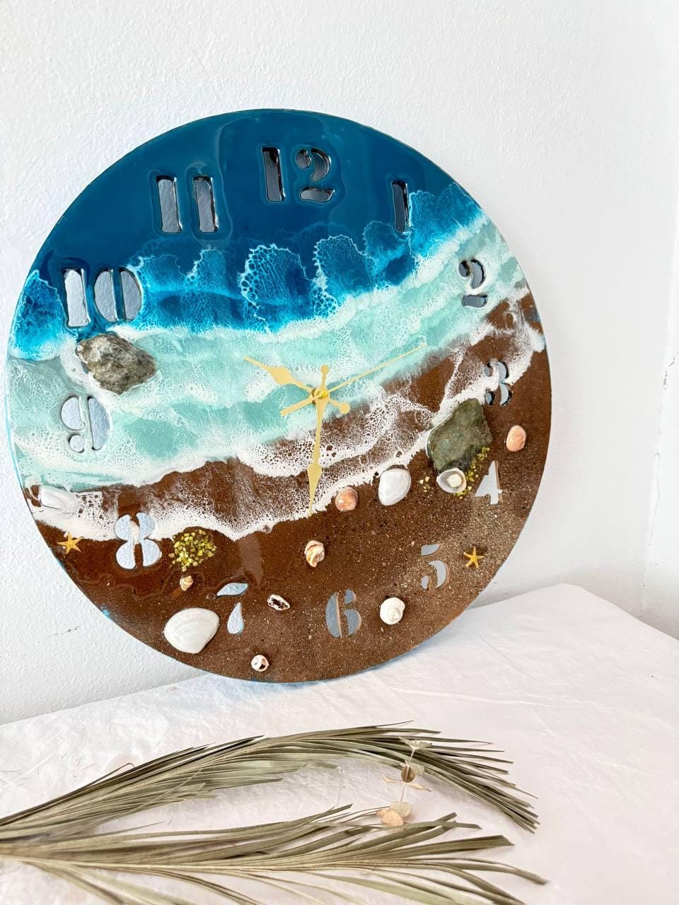3D Ocean Wave Epoxy Resin Wall Clock - Large Coastal Beach Wall Art with Real Shells & Rocks - Silent Large Statement Clock