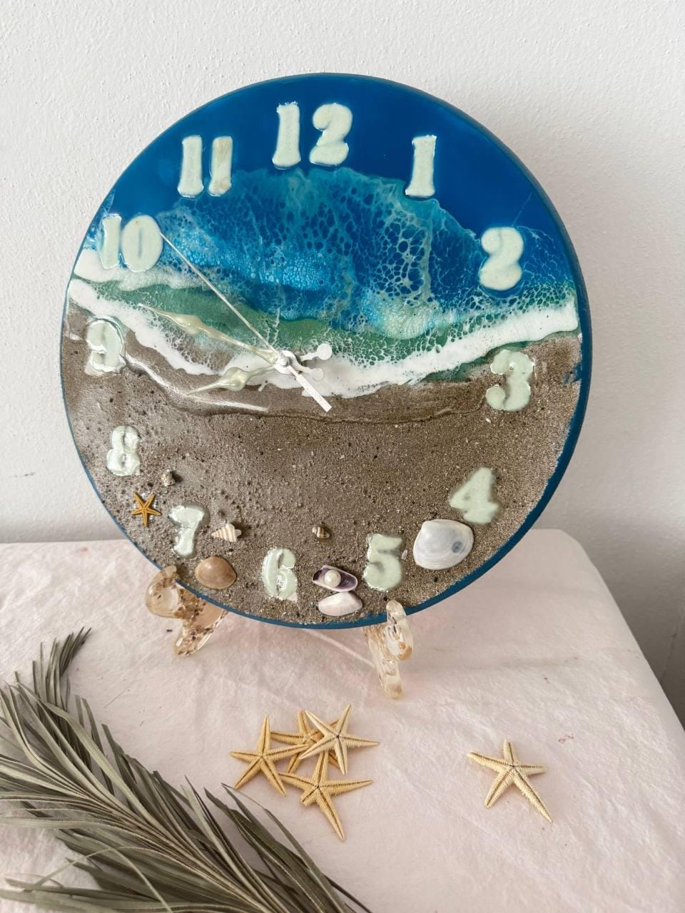 Glow in the Dark 3D Ocean Wave Epoxy Resin Wall Clock - Luminous Beach Clock with Real Sand & Shells - Silent Coastal Night Light Decor
