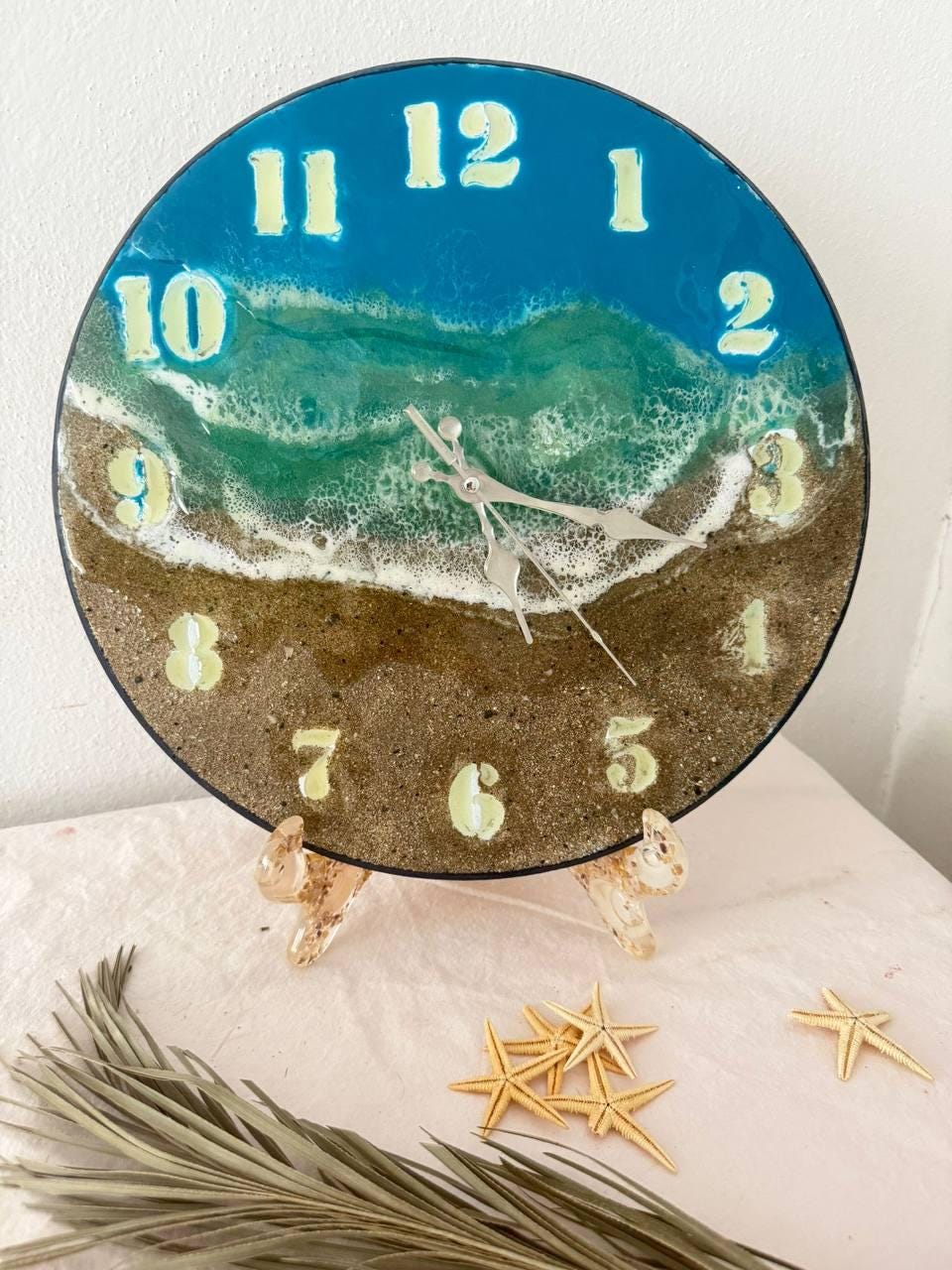 Glow in the Dark 3D Ocean Wave Epoxy Resin Wall Clock - Luminous Beach Clock with Real Sand & Shells - Silent Coastal Night Light Decor