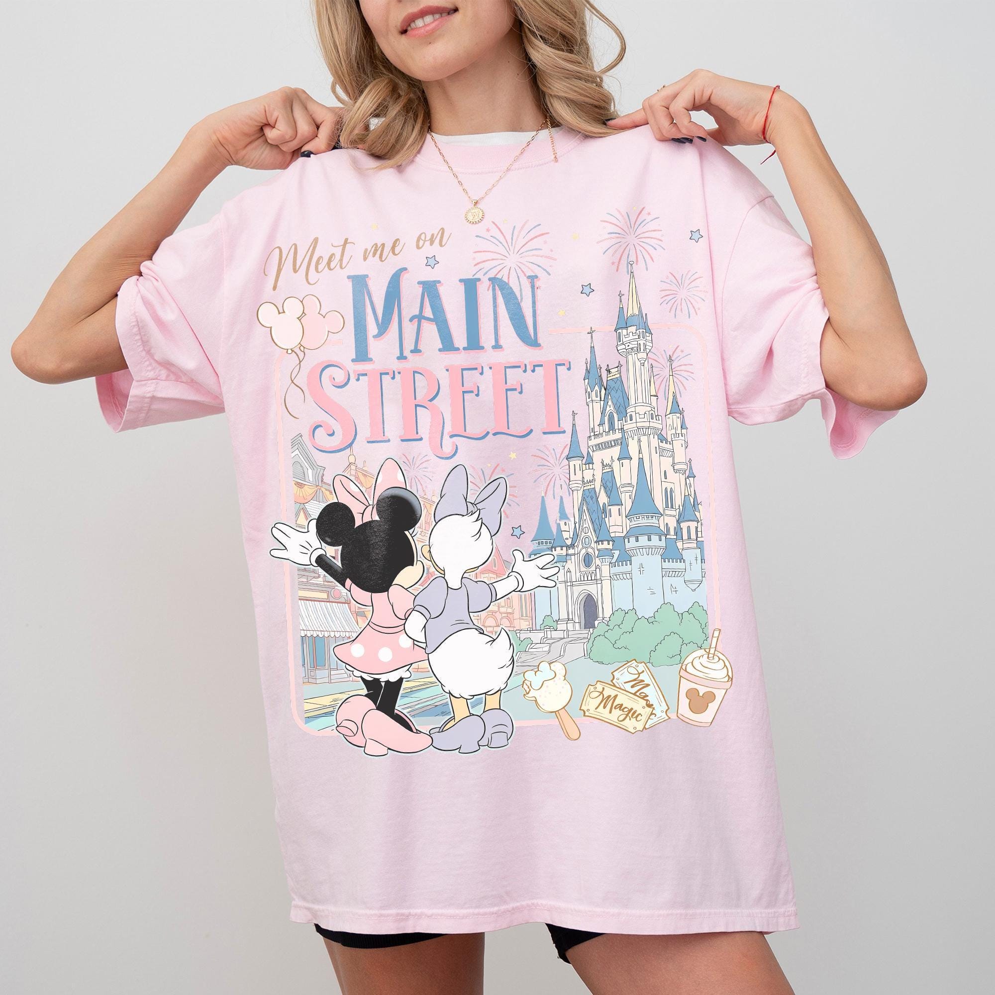 Vintage Comfort Colors® Meet Me On Main Street Shirts, Retro Minnie And Daisy Besties Tee, Magic Kingdom Castle Tee, Disney Girls Trip Gift