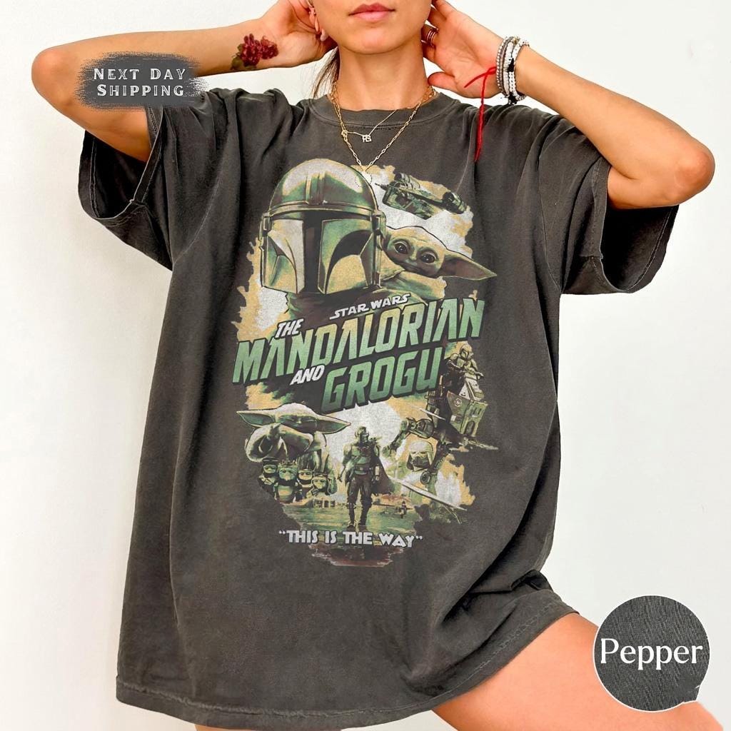 Vintage Star Wars The Mandalorian And Grogu Shirt, Grogu Bounty Hunter Shirt, 90s Style Star Wars Shirt, Baby Yoda Tee, Mandalorian Shirt