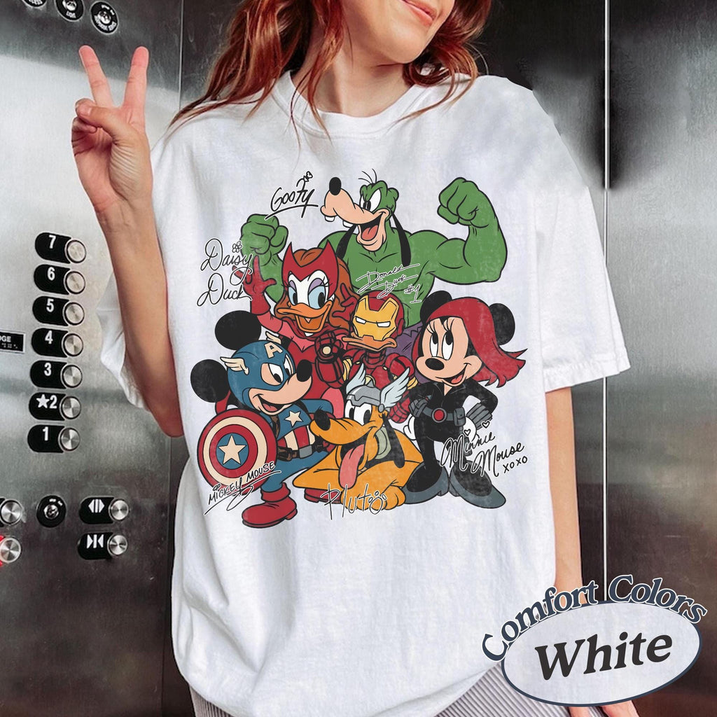 Retro Mickey and Friends Signatures Marvel Comfort Colors Shirt, Disney Marvel Avengers Shirt, Marvel Mickey Friends Tee, Disney 2026 Trip