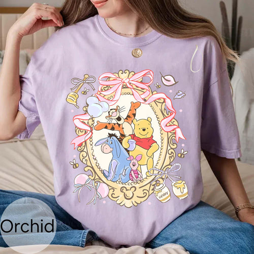 Comfort Colors® Coquette Bow Winnie the Pooh & Friends Shirt, Retro Watercolor Pooh Bear Piglet Eeyore Shirts, Disney World Girls Trip Shirt