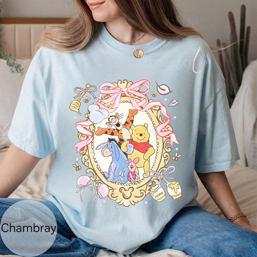 Comfort Colors® Coquette Bow Winnie the Pooh & Friends Shirt, Retro Watercolor Pooh Bear Piglet Eeyore Shirts, Disney World Girls Trip Shirt