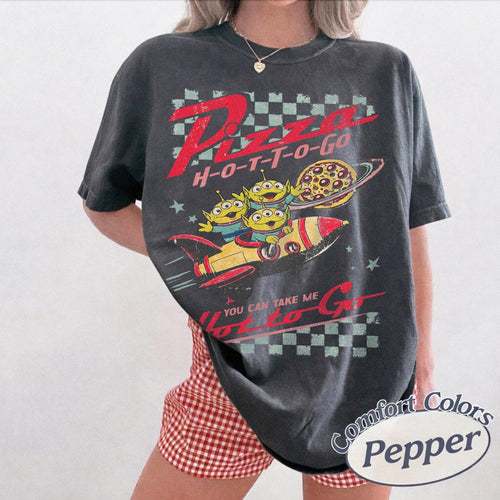 Comfort Colors Retro Pizza Hot To Go Alien Toy Story Shirt, Aliens Toy Story Pizza Planet Shirt, Disney Toy Story Shirts, Disney Family Trip
