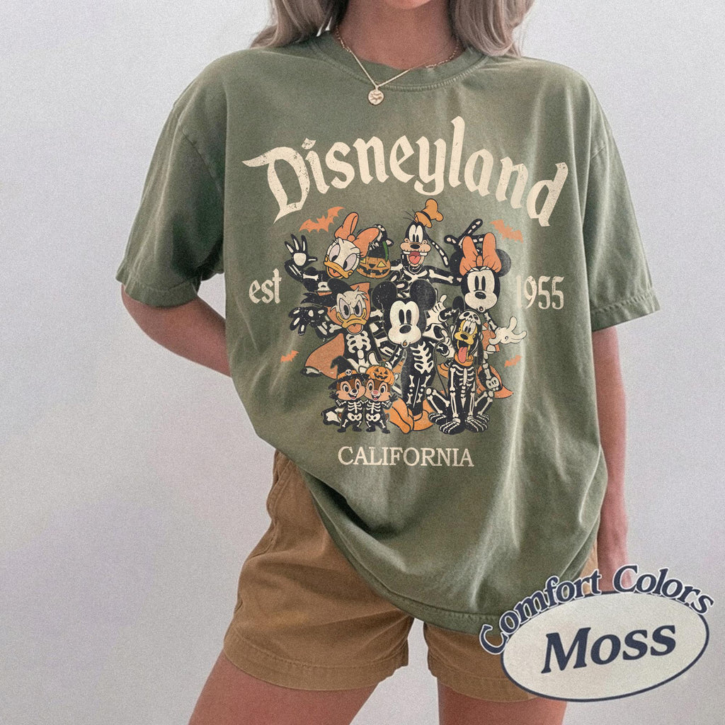 Retro Disneyland Est 1955 California Mickey Skeleton Comfort Color Shirt, Disneyland Halloween Tee, Disney Mickey And Friends Halloween Tee
