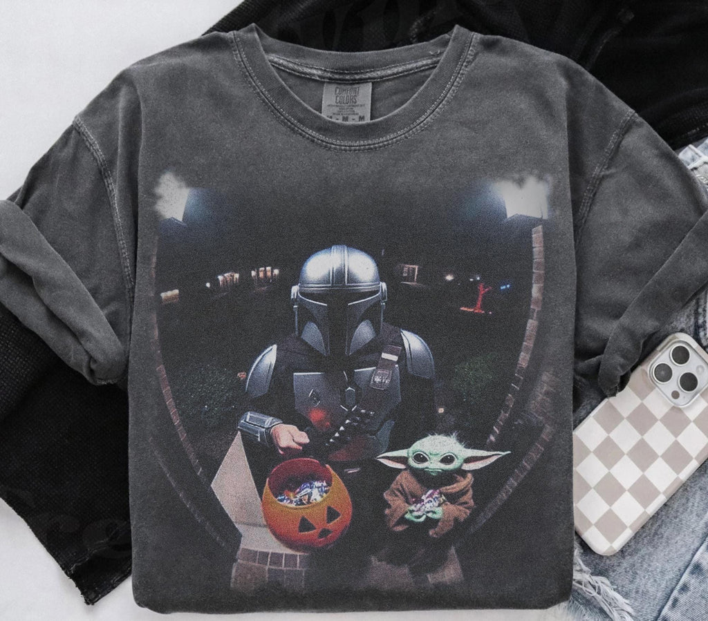Vintage Star Wars Halloween Shirt, Mando & Baby Yoda Gildan Youth Tee, Disney Meme Graphic Tee, Hip Hop Trip Wear, Star Wars Gift
